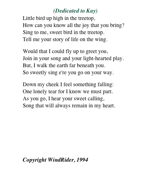 
(Dedicated to Kay)
Little bird up high in the treetop, How can you know all the joy that you bring? Sing to me, sweet bird in the treetop. Tell me your story of life on the wing.
Would that I could fly up to greet you, Join in your song and your light-hearted play. But, I walk the earth far beneath you. So sweetly sing e're you go on your way.
Down my cheek I feel something falling: One lonely tear for I know we must part. As you go, I hear your sweet calling, Song that will always remain in my heart.
￼
Copyright WindRider, 1994
